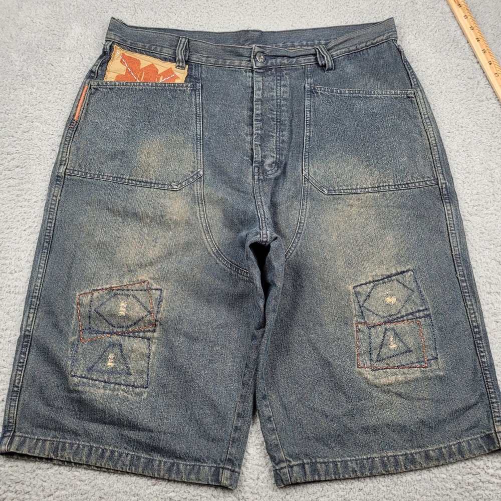 MAKAVELI Mens Size 40 Denim Shorts‎ Blue Patchwork Distressed Y2K Vintage